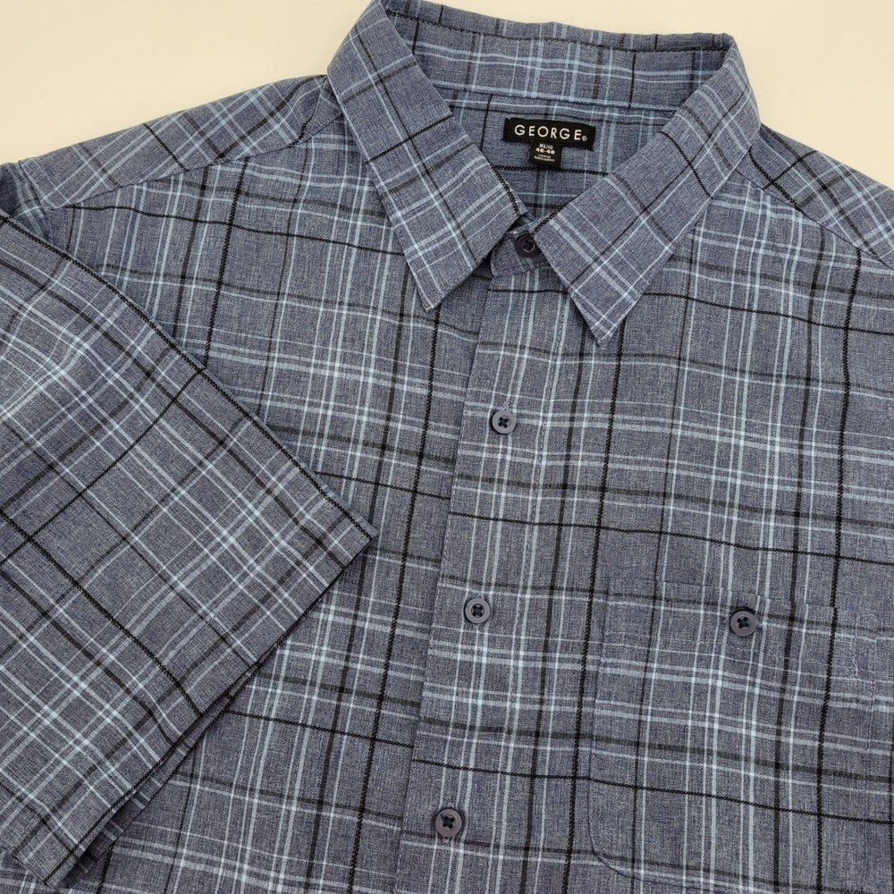 George Mens XL Navy‎ Blue Plaid Short Sleeve Button Down Shirt Casual Office